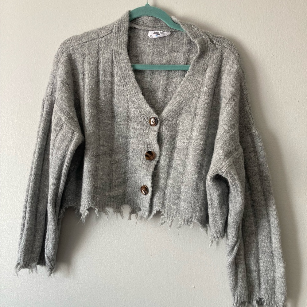 Frayed Hem Gray Cardigan Sweater
